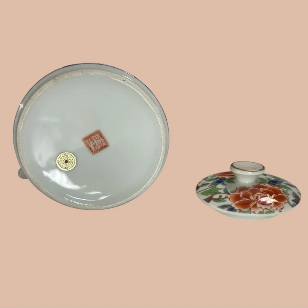 Vintage Takahashi Style Japanese Porcelain Teapot Bamboo Handle Peony Sakura